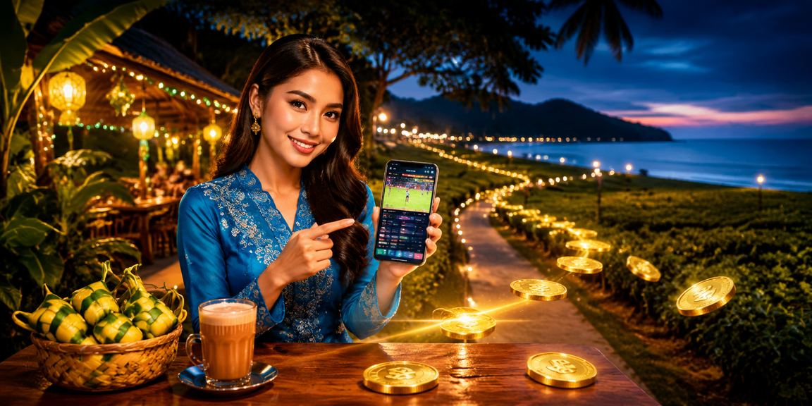 Pengguna wanita di Langkawi bermain kasino dalam talian menggunakan telefon bimbit dalam suasana Malaysia